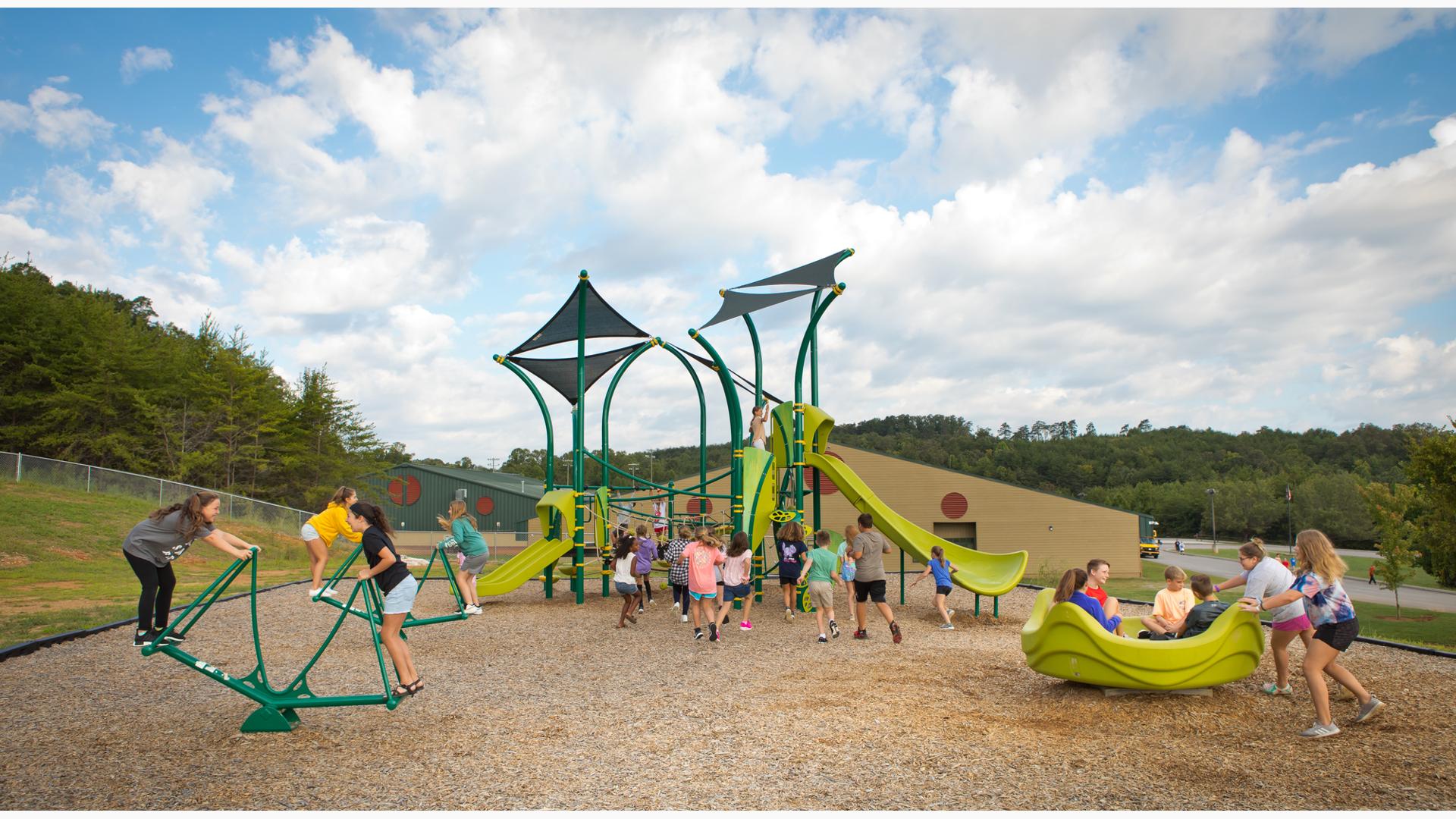 Tree-themed playground with shade over the play structure