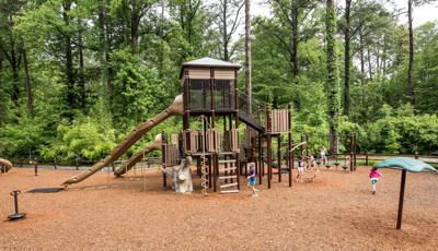 Surrounded by trees, kids play on a custom nature-inspired playground design.