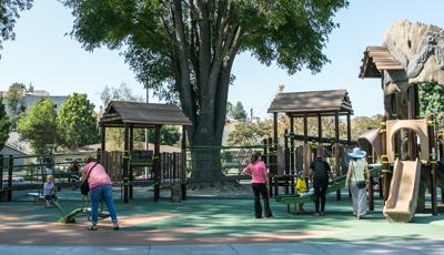 Parents play with their kids at this naturally-themed playground