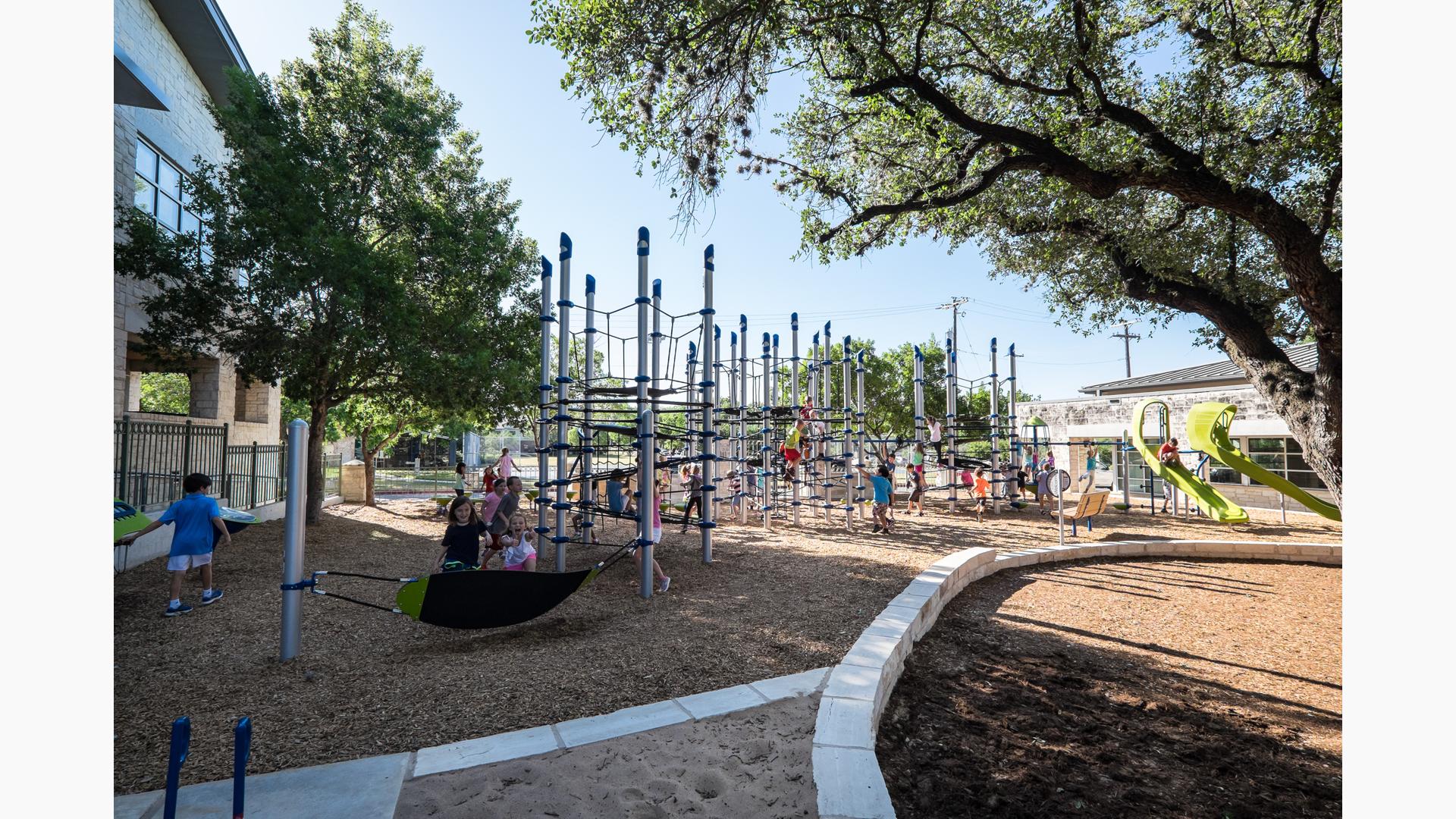 Three different net structures and slides connected together for pure playground enjoyment.