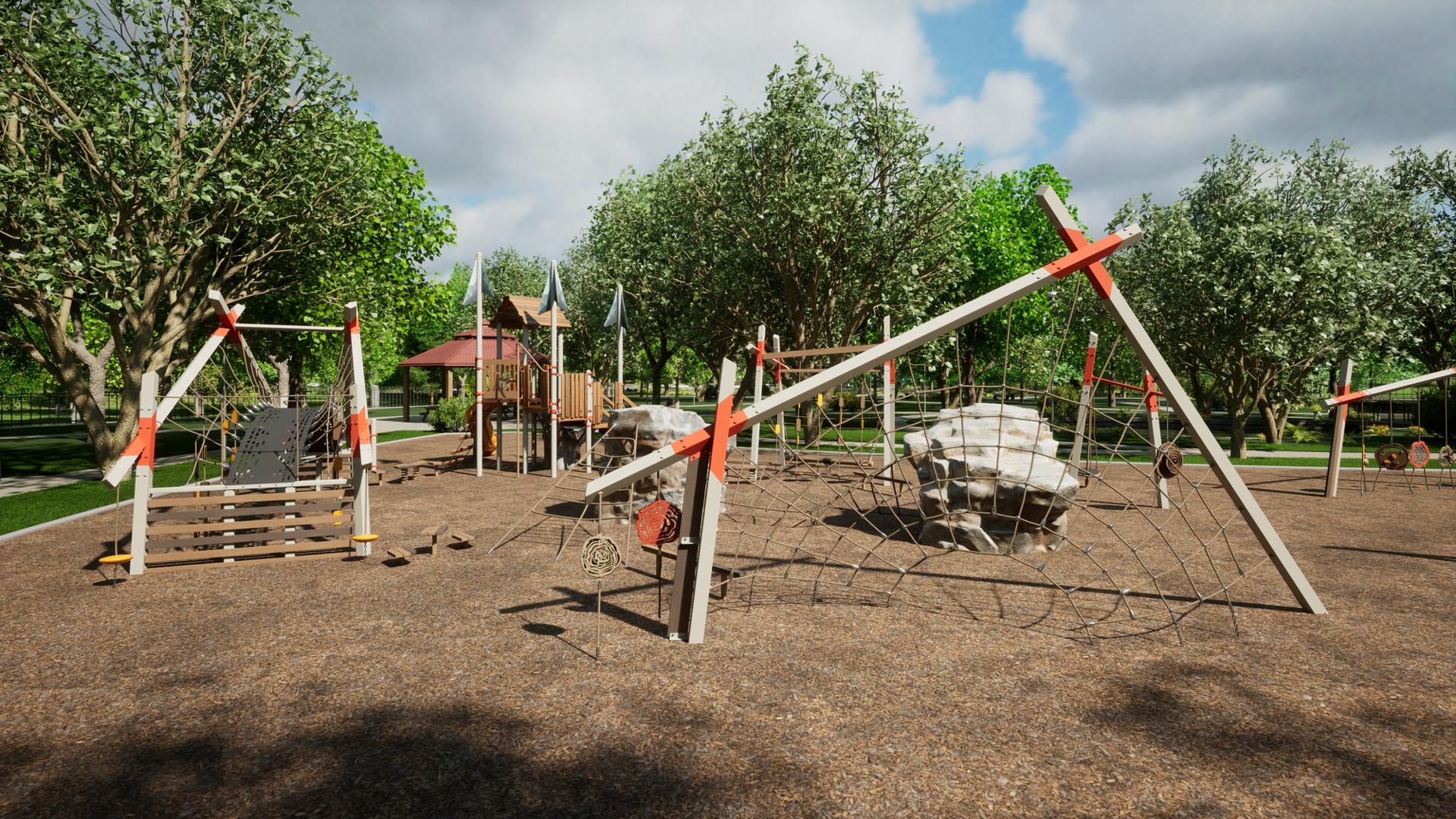 Animated rendering of modern designed play structures set in an outdoor park surrounded by lush green trees. The play structures are colored in a light tan with orange accents and plastic artificial wood planks. 