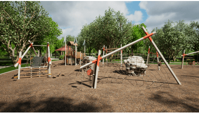 Animated rendering of modern designed play structures set in an outdoor park surrounded by lush green trees. The play structures are colored in a light tan with orange accents and plastic artificial wood planks. 