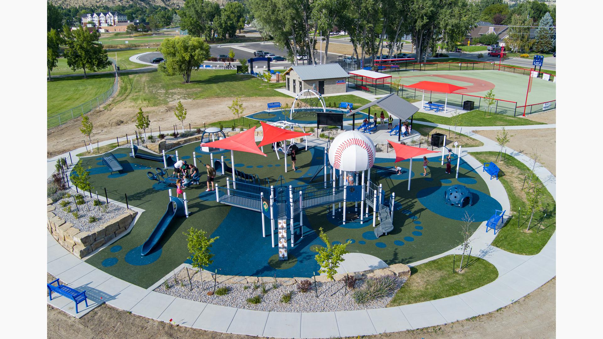 Elevated view of a baseball themed playground.