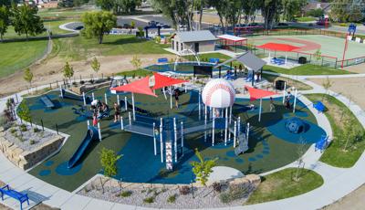 Elevated view of a baseball themed playground.