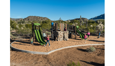 Mimicking the desert landscape around it, Desert Arroyo Park in Mesa, AZ features a natural play experience. Attached directly to the PlayBooster® playstructure, the Canyon Collection® kindles the spirit of adventure while encouraging continuous play that's both physical and imaginative.