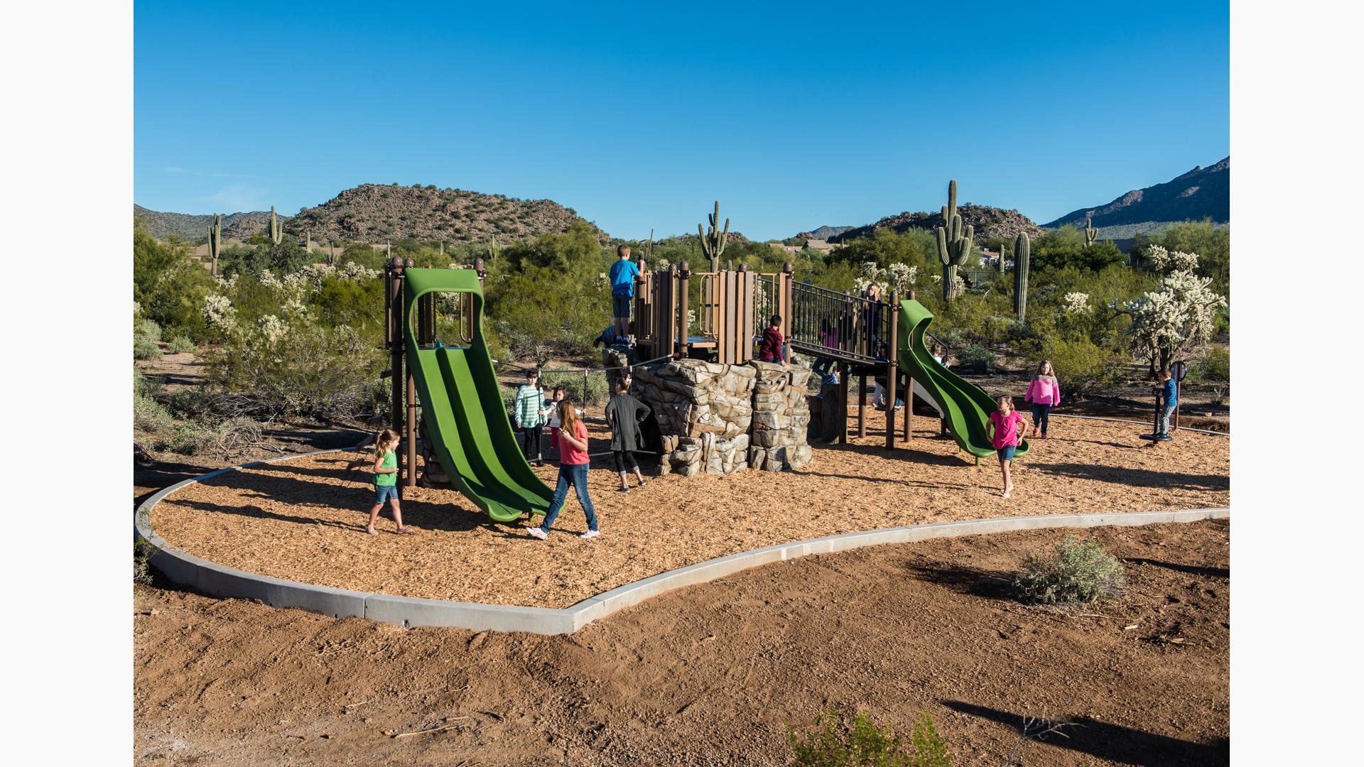 Mimicking the desert landscape around it, Desert Arroyo Park in Mesa, AZ features a natural play experience. Attached directly to the PlayBooster® playstructure, the Canyon Collection® kindles the spirit of adventure while encouraging continuous play that's both physical and imaginative.