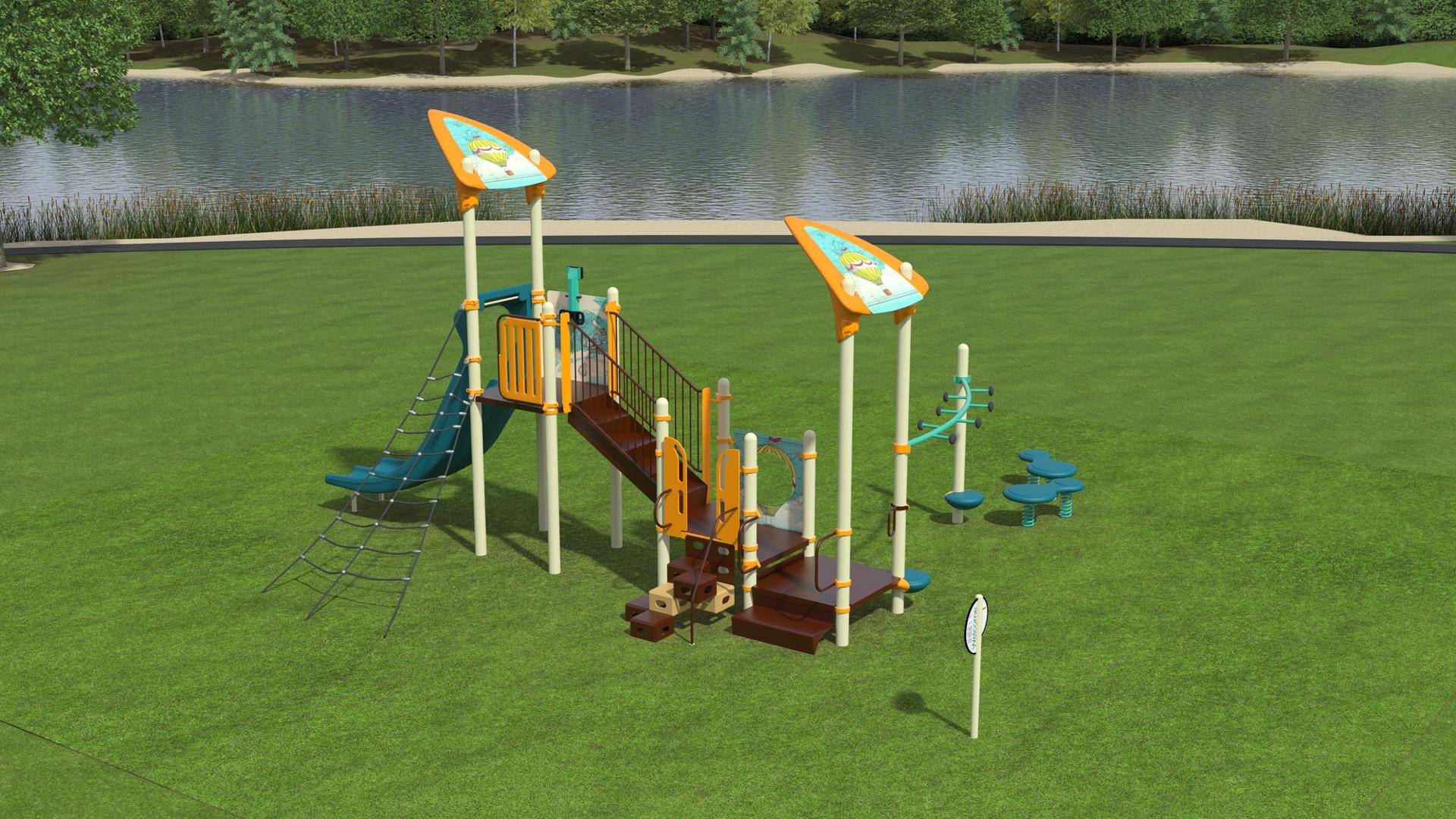 3D high realism image of a playground with a lake in the background. Playground is compact with a slide, climber and hot air balloon themed roofs and play panels. 