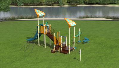 3D high realism image of a playground with a lake in the background. Playground is compact with a slide, climber and hot air balloon themed roofs and play panels. 