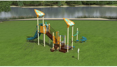 3D high realism image of a playground with a lake in the background. Playground is compact with a slide, climber and hot air balloon themed roofs and play panels. 