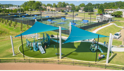 Elevated view of a playground with two large shade sails overhead all next to pickle ball courts.