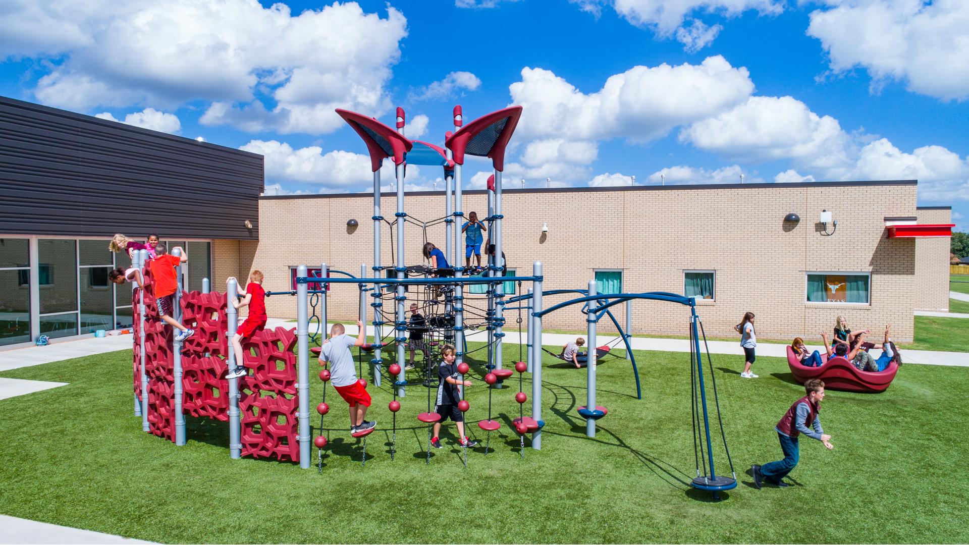 Meadow Brook Intermediate School Oklahoma City, OK.  7-post Netplex® play structure with a Skyport™ Climber and GeoPlex™ climbing panels.