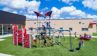 Meadow Brook Intermediate School Oklahoma City, OK.  7-post Netplex® play structure with a Skyport™ Climber and GeoPlex™ climbing panels.