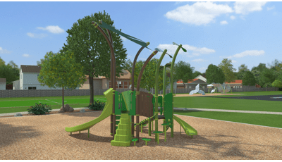 Animated render of a neighborhood park of a nature inspired play structure with leaf designs incorporated into climbers and the top of playground posts. 