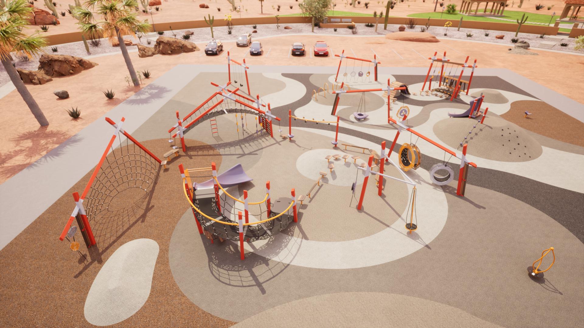 Animated rendering with an elevated view of a play area set in a southwestern desert environment with modern designed playground structures colored orange with white accents.