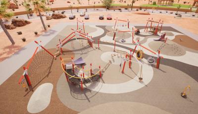 Animated rendering with an elevated view of a play area set in a southwestern desert environment with modern designed playground structures colored orange with white accents.