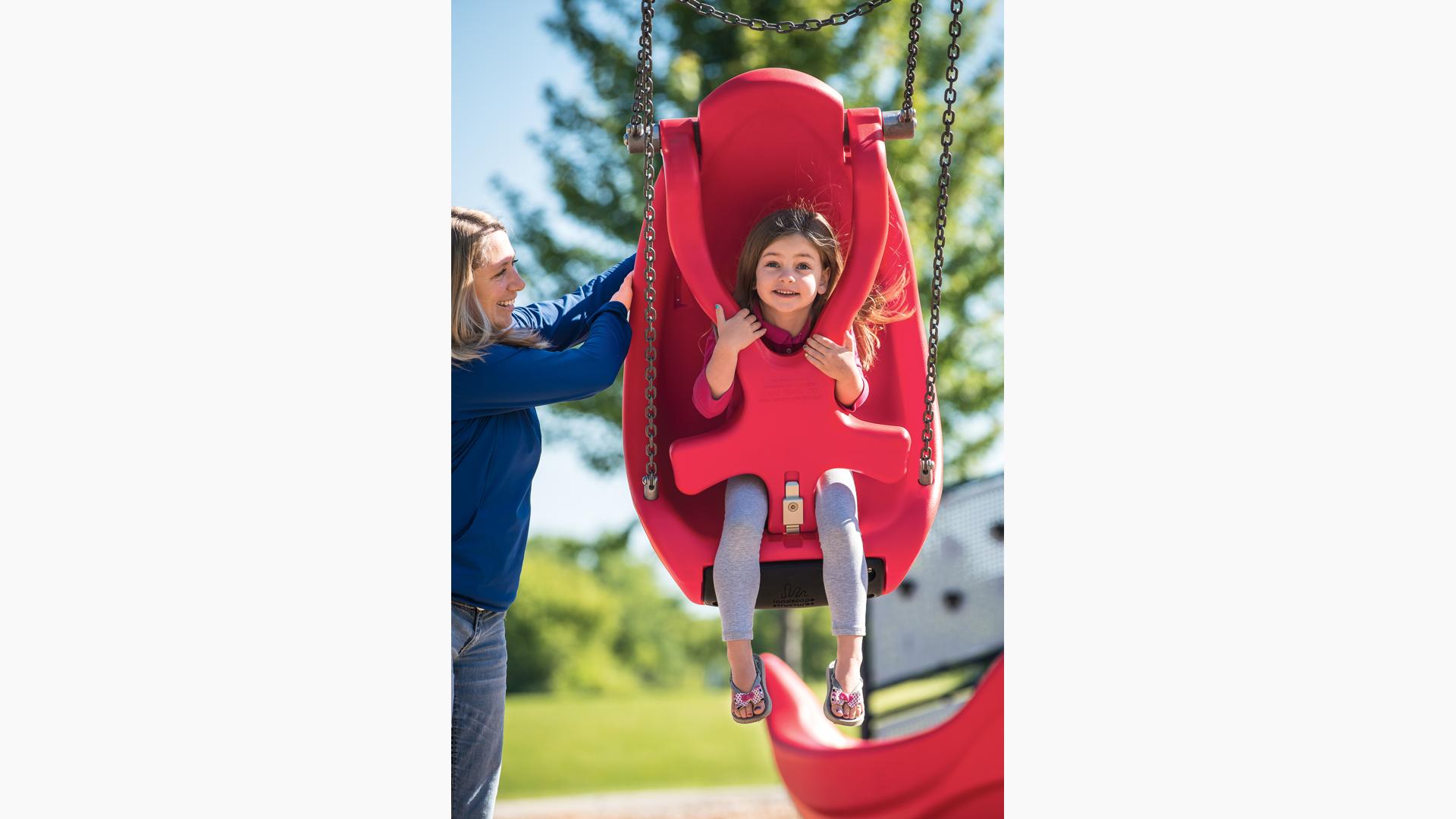 the Molded Bucket Seat With Harness and Chains for Ages 2 to 5 is a sturdy and fun playground swing seat option for children who need additional upper body support.