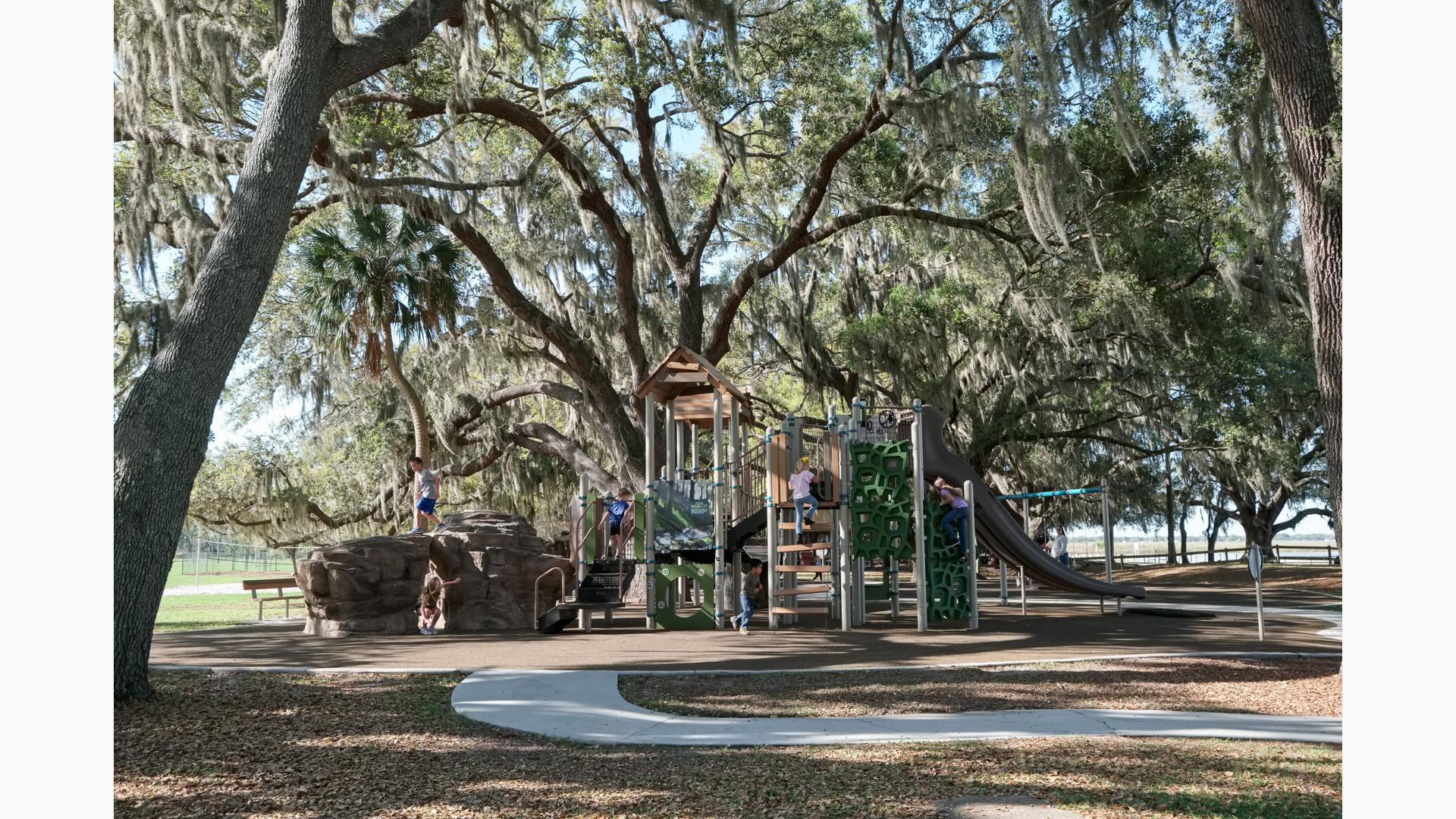 A play natural-themed play sctructure sits a Live Oak trees covered in Spanish moss as children play on a playscape  that vividly resembles the landscape around it.