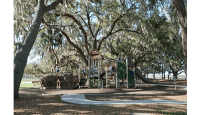 A play natural-themed play sctructure sits a Live Oak trees covered in Spanish moss as children play on a playscape  that vividly resembles the landscape around it.