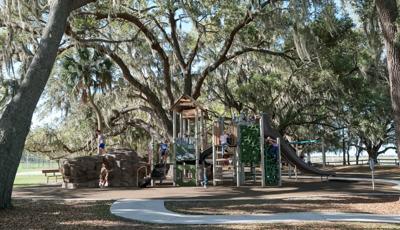 A play natural-themed play sctructure sits a Live Oak trees covered in Spanish moss as children play on a playscape  that vividly resembles the landscape around it.