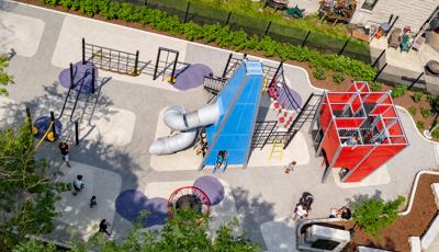 Aerial of  custom tower play structures Seneca Park, Eli M. Schulman Playground