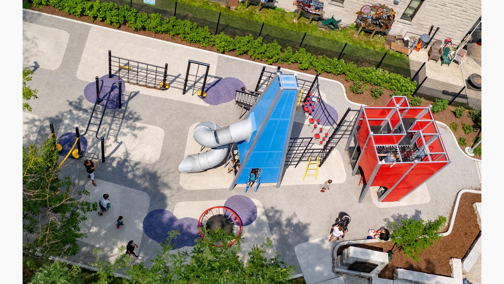 Aerial of  custom tower play structures Seneca Park, Eli M. Schulman Playground