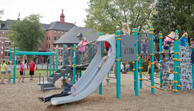 Baden Academy Charter School in
Baden, PA features a the GeoPlex® climbing panels, playground nets and the PlayBooster® playstructure, for kids ages 5 to 12. Playground also includes a Flywheel® spinner and Track Ride.