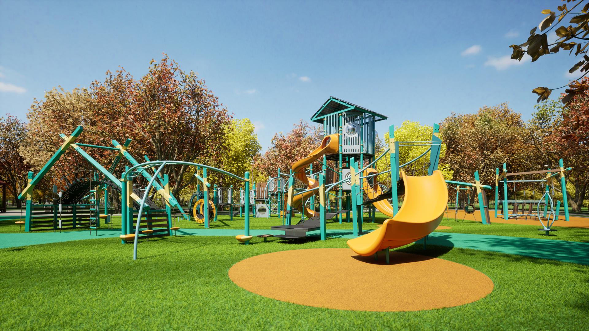 Animated rendering of a park play area with modern design play structures colored in teal with yellow accents. Surrounding trees leaves are yellowing and browning.