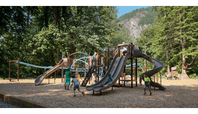 Kids playing on playground with lots of brown slides surrounded by a forest of trees. 