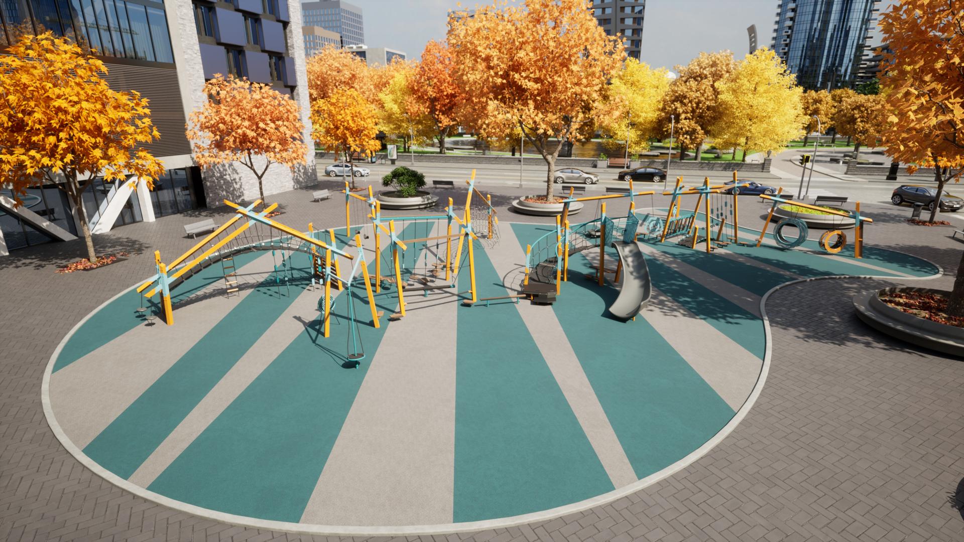 Animated rendering with an elevated view of a play area with modern designed playground structures placed in the courtyard of a building. Yellowing fall trees are scattered around the courtyard. 