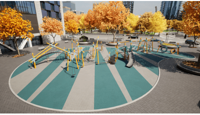 Animated rendering with an elevated view of a play area with modern designed playground structures placed in the courtyard of a building. Yellowing fall trees are scattered around the courtyard. 