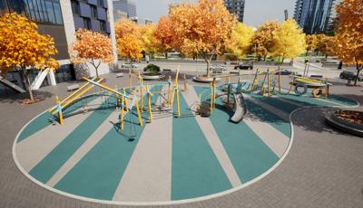 Animated rendering with an elevated view of a play area with modern designed playground structures placed in the courtyard of a building. Yellowing fall trees are scattered around the courtyard. 