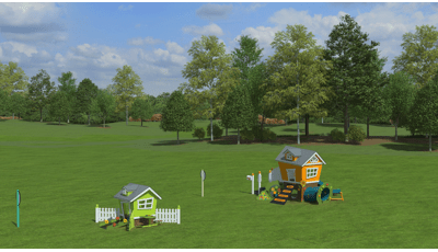 Animated rendering of a clearing of a park with two small house shaped play structures. 