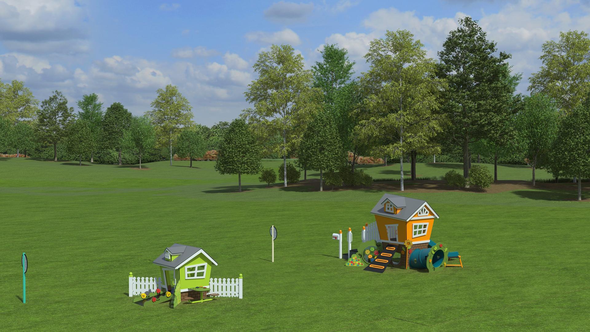 Animated rendering of a clearing of a park with two small house shaped play structures. 
