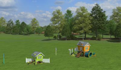 Animated rendering of a clearing of a park with two small house shaped play structures. 