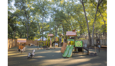 Large mature trees shade a play area with animal themed play structures and other playground activities all surrounded by a wood paneled fence.