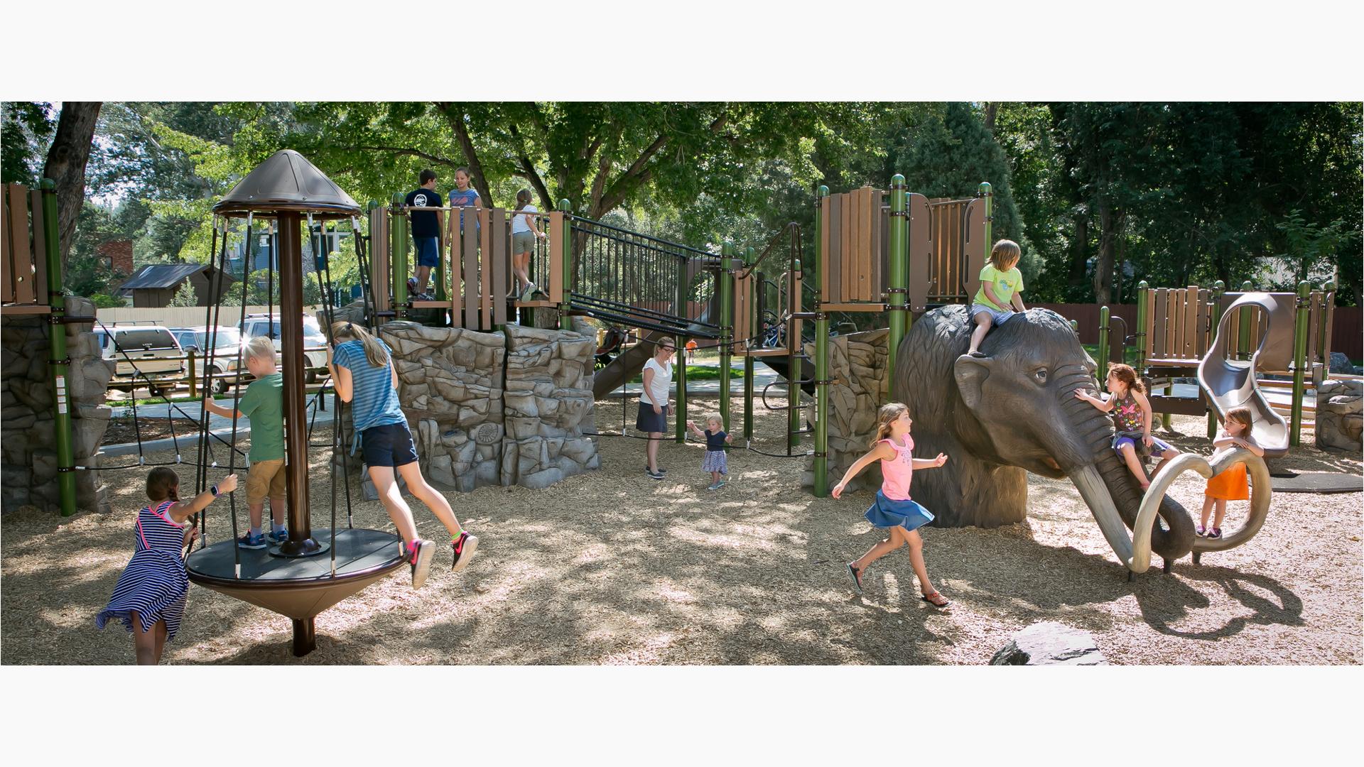 Niwot Park Niwot, CO features a PlayBooster® playstructure that features a custom Woolly Mammoth climber.
