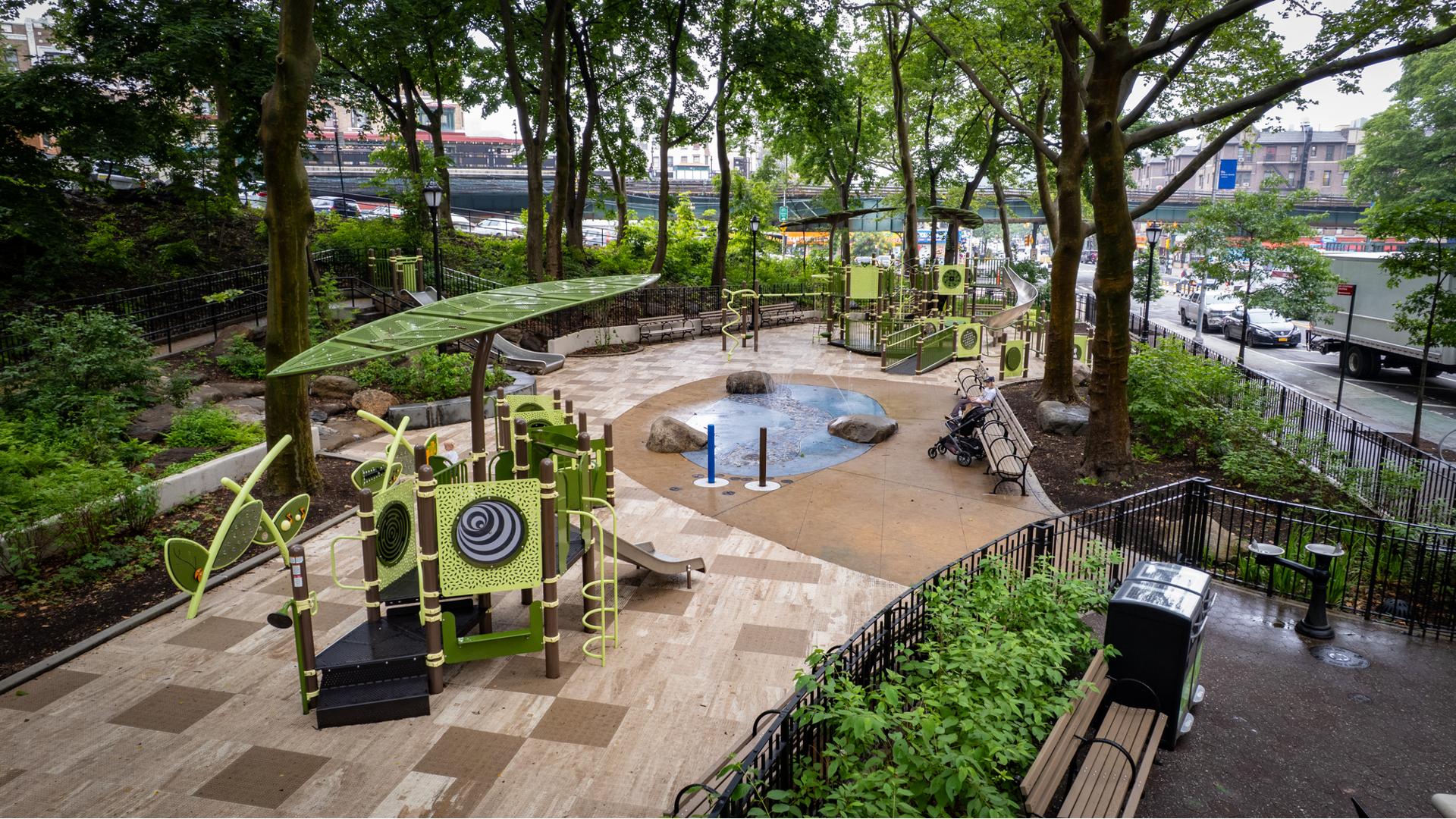 Elevated view of a nature themed park city playground.