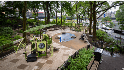 Elevated view of a nature themed park city playground.