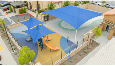 Elevated view of a fenced in outdoor play area next to buildings with one large blue square shade and two smaller square shades over a small play structure.