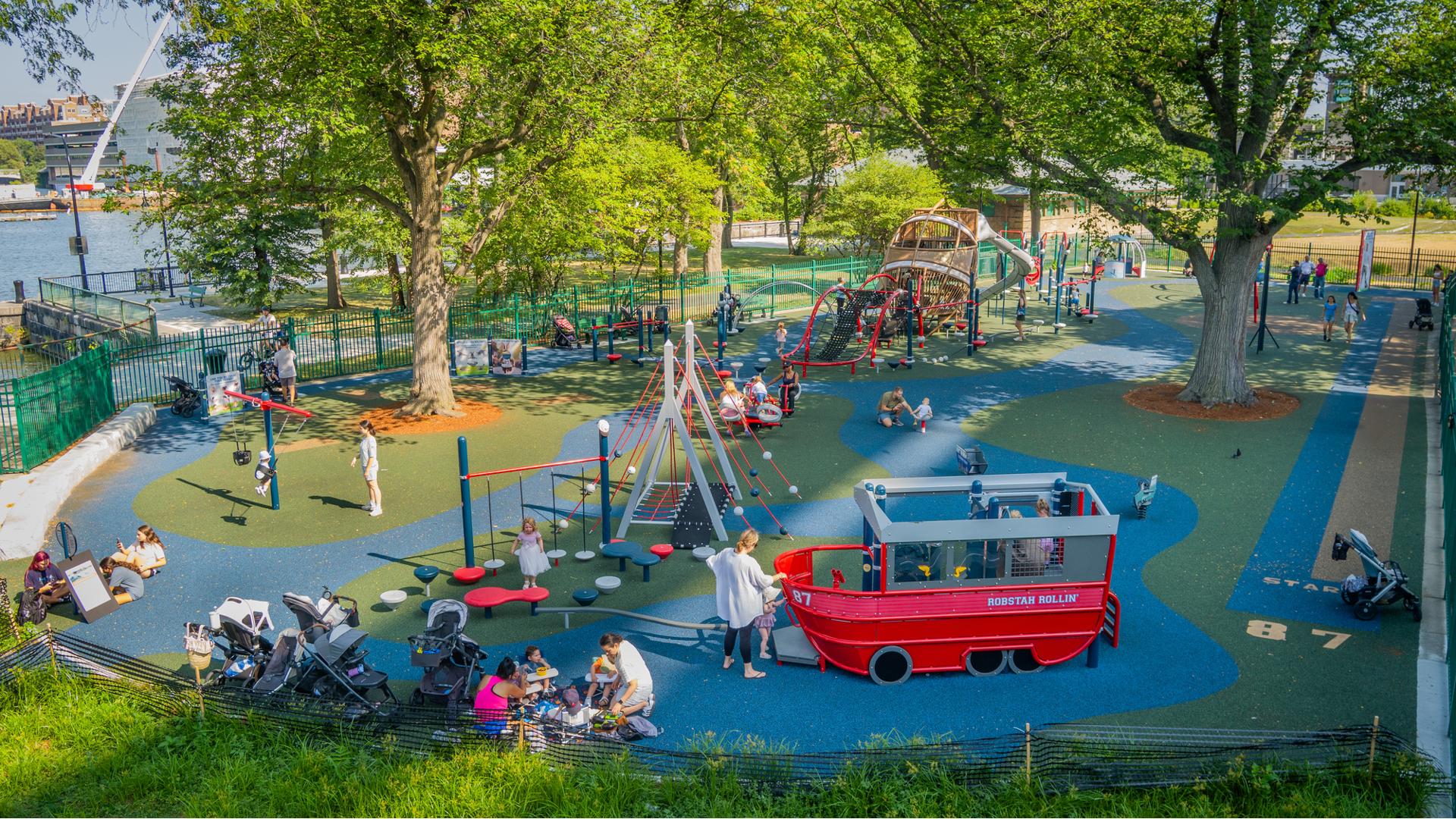 Elevated view of a boating and football themed playground inspired by the professional football player Rob Gronkowski.