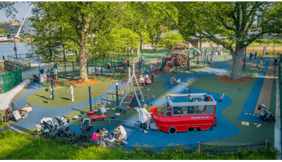 Elevated view of a boating and football themed playground inspired by the professional football player Rob Gronkowski.