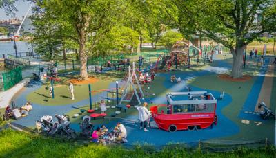Elevated view of a boating and football themed playground inspired by the professional football player Rob Gronkowski.