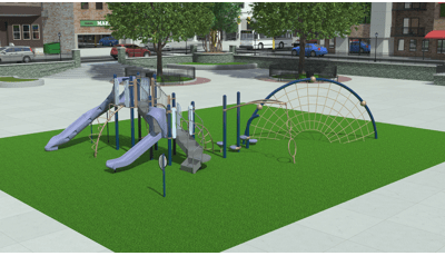 3D high realism image of a playground in a city park. Playground has two light purple slides and a half circle climbing net. 