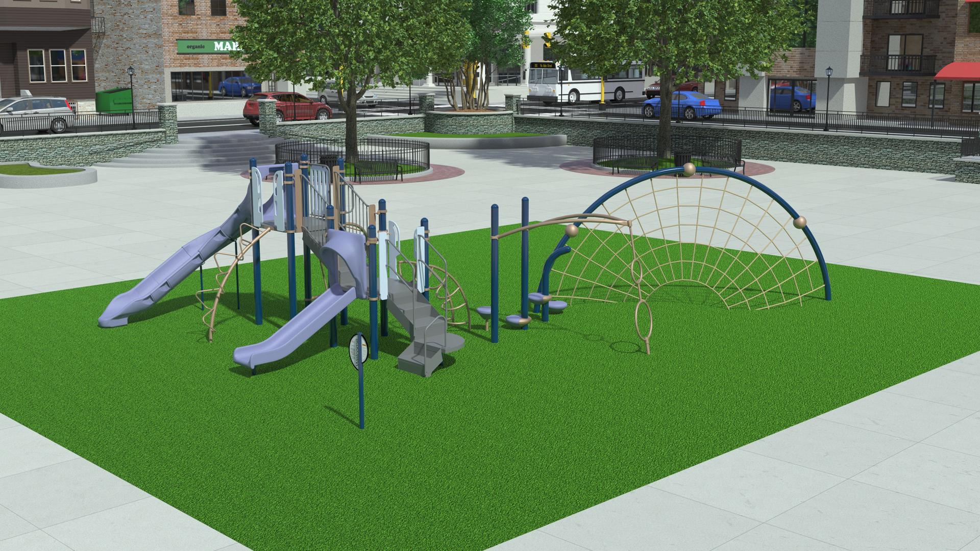 3D high realism image of a playground in a city park. Playground has two light purple slides and a half circle climbing net. 