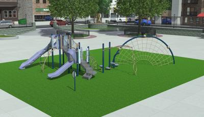 3D high realism image of a playground in a city park. Playground has two light purple slides and a half circle climbing net. 