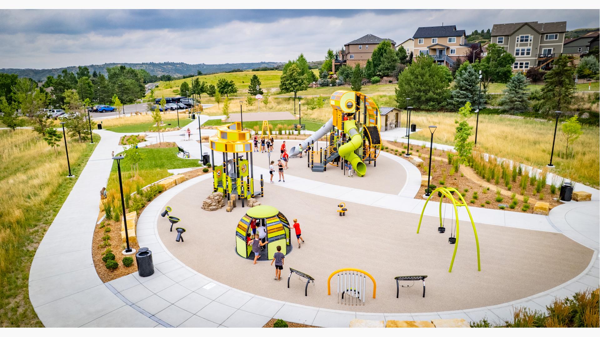 Elevated view of a custom designed playground at a community park.