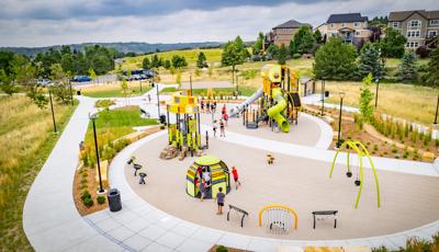 Elevated view of a custom designed playground at a community park.