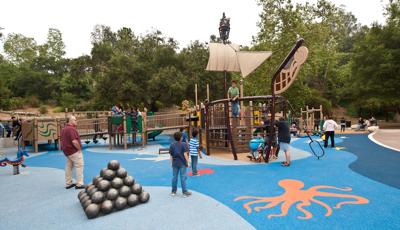 Kids of all abilities play on this Pirate-themed play structure. Filled with ramps, all children can have adventures.