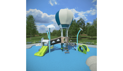 Animated render of a hot air balloon designed playground structure.