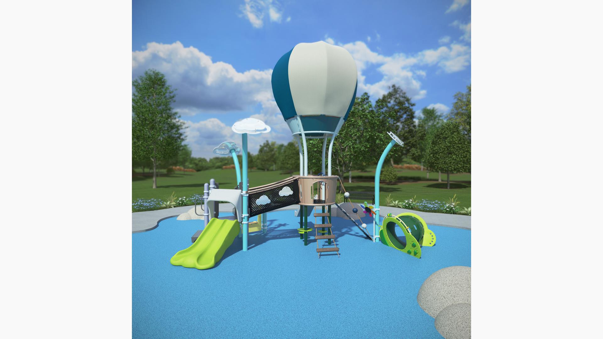 Animated render of a hot air balloon designed playground structure.
